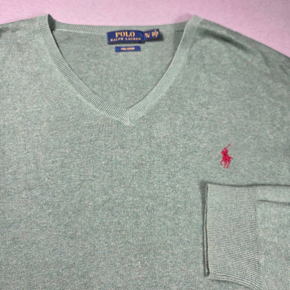 Polo Ralph Lauren Mens XL Pima Cotton V-Neck Sweater Sage Green Red Pony Logo